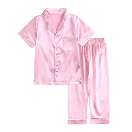 

Odeerbi Toddler Boys Girls Silk-like Pajamas Set Kids Short Sleeve jammies Toddler Solid Color Pants Home Wear Baby Clothes Suit Pink 5-6 Years