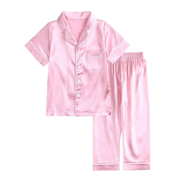 Odeerbi Toddler Boys Girls Silk-like Pajamas Set Kids Short Sleeve jammies Toddler Solid Color Pants Home Wear Baby Clothes Suit Pink 1-2 Years