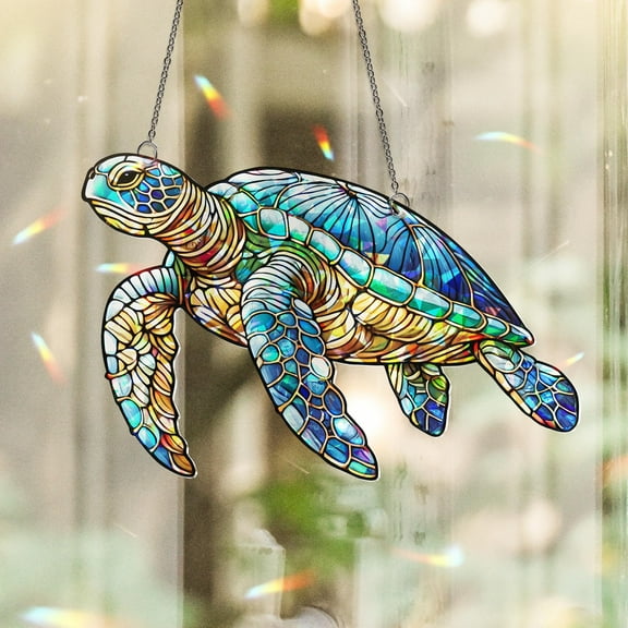 Lotusprinthandmade Colorful Sea Turtle Custom Shape Broken Glass Hologram Ornament 3.5in, ocean themed turtle hologram, cute sea turtle hologram gift