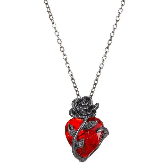 Yhmxh Collar con rosa en forma de corazón y cadena con forma de corazón y flor envuelta en estilo oscuro, ideal como regalo de San Valentín.