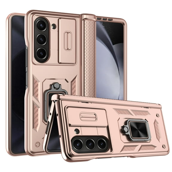 Elegant Choise Case for Samsung Galaxy Z Fold 5 5G Shockproof Pone Cover with Slide Camera Lens Protector and Ring Stand, Pink