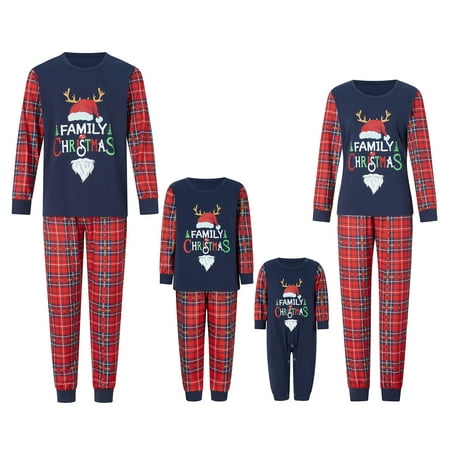 

Christmas Family Pajamas Matching Set Letter Print Long Sleeve Tops and Plaid Pants Loungewear Sleepwear