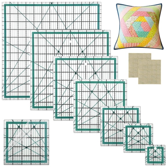 7 PCS Quilting Rulers Square Set, 2.5", 3.5", 5", 6.5", 8", 10", 12.5" Acrylic Quilt Cutting Rulers with Non-Slip Pads, Clear Double-Color Markings, Angle Lines for DIY Quilting Sewing