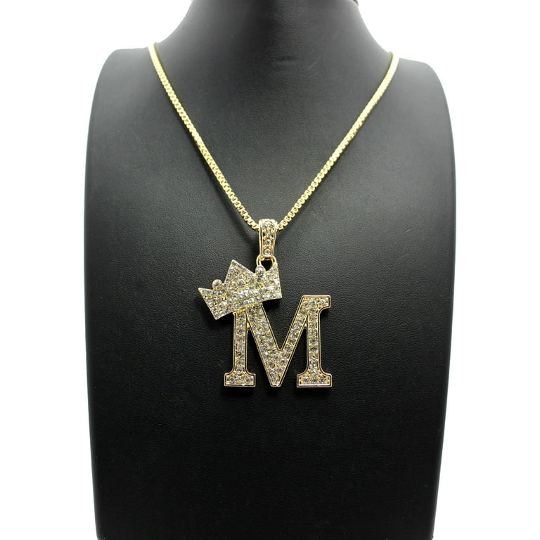 Stone Stud Allover Tilted Crown Initial M Pendant w/ 2mm 24