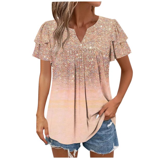 Camisas de Cuello de Tripulación de Manga Corta para las Mujeres Plisado Mangas de Ruffle, Cuello Redondo Casual Primavera Y Blusa de Verano