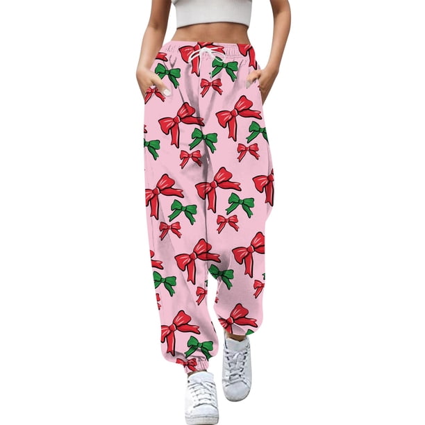Gibobby pantalones anchos mujer Sra. Navidad largo elástico pie nieve árbol de Navidad cinturón de impresión pantalones de ocio diario pantalones (Rosa, L)