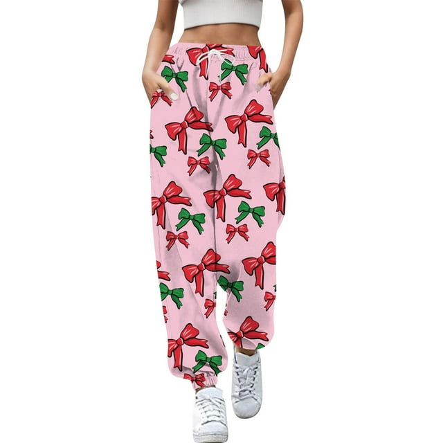 Gibobby pantalones anchos mujer Sra. Navidad largo elástico pie nieve árbol de Navidad cinturón de impresión pantalones de ocio diario pantalones (Rosa, L)