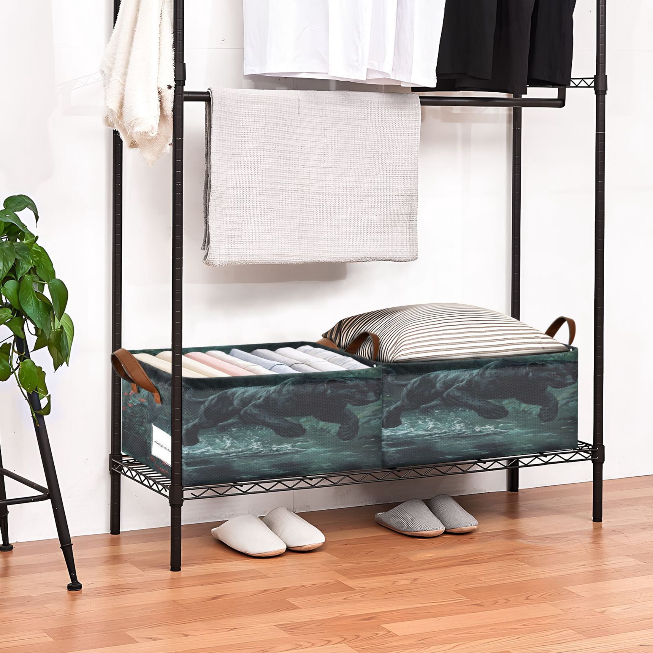 Black Panther Leaping over Water Storage Basket Soccer Plaid Fabric Hoard Box Oversized Collapsible Closet Organizer with Metal Iron Frame 16.9×11.4×7.7in