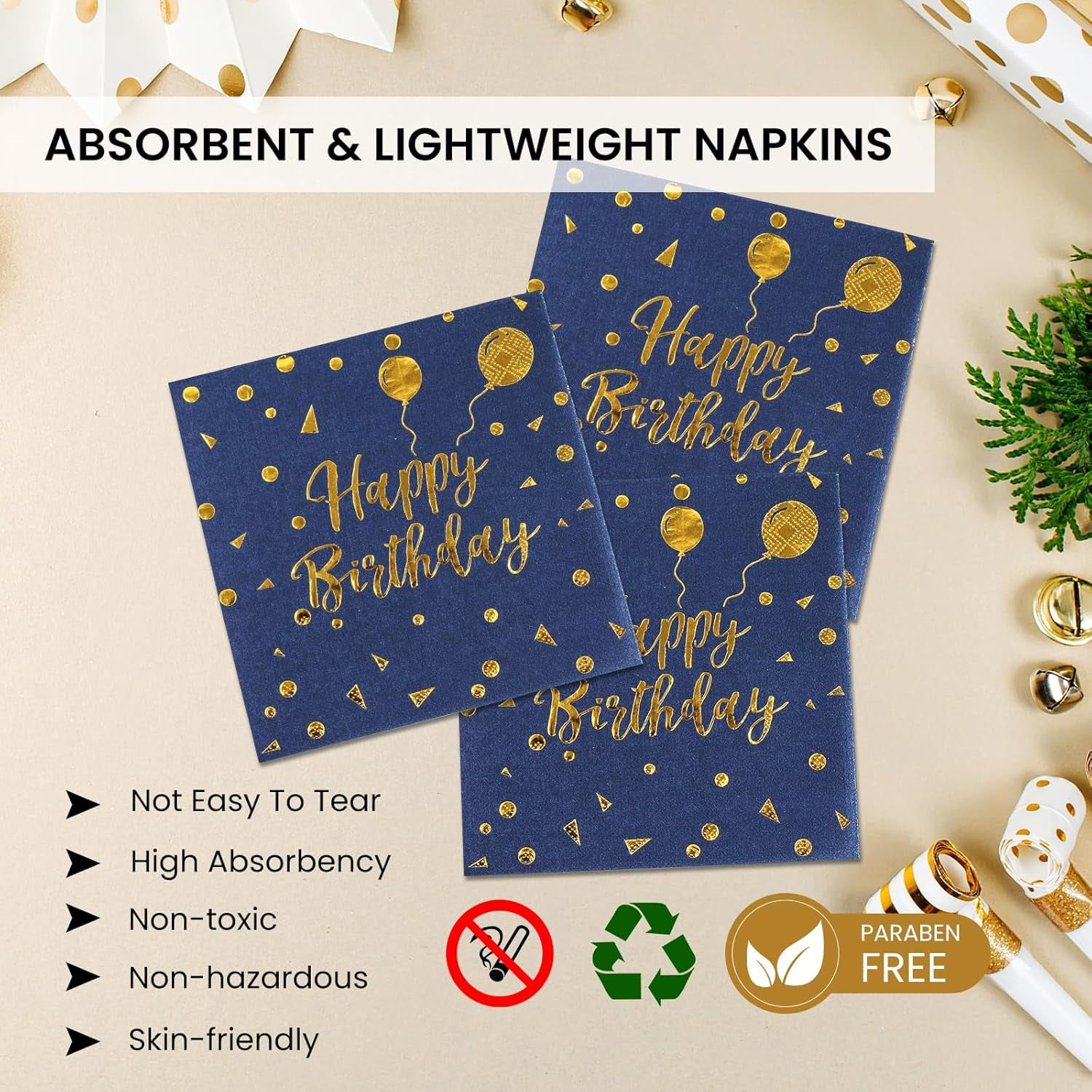 150PCS Happy Birthday Paper Plates and Napkins - 7 Inch Deep Blue Gold Dot Paper Plates and 6.5 Inch Napkins with 6.3 Inch Gold Forks Disposable Tableware Set for Birthday Party Decorations, Serves50