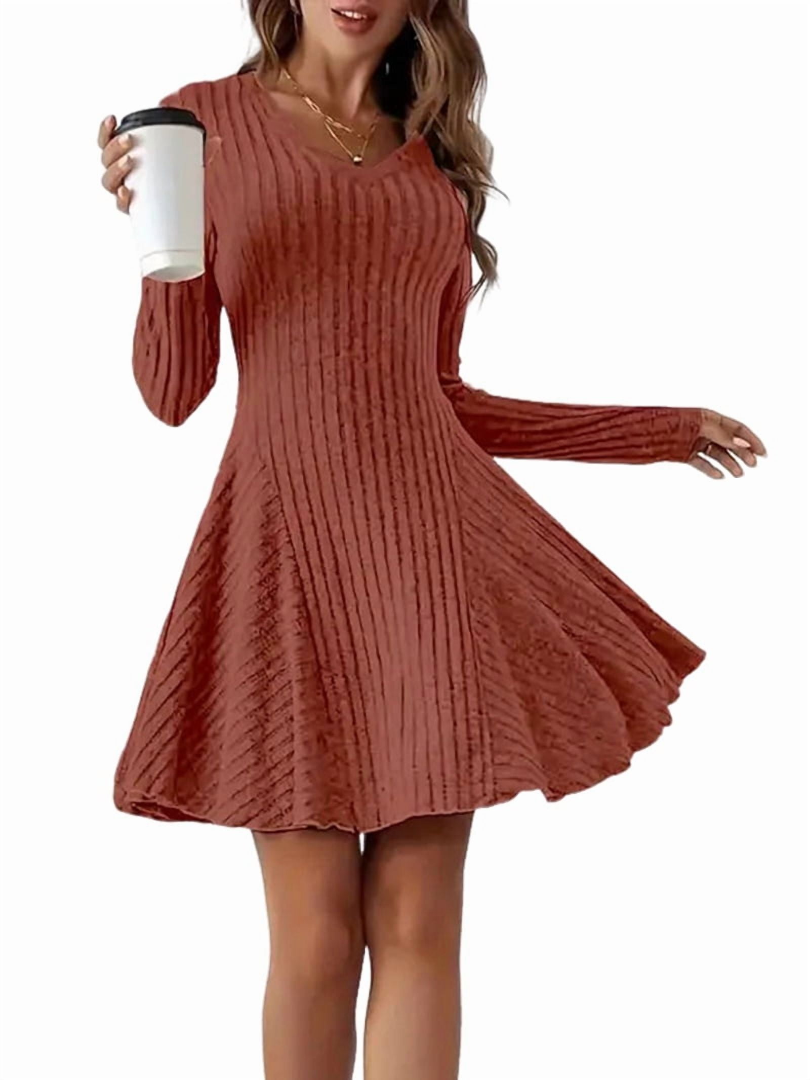 Women Long Sleeve Ribbed Knit Short Dresses Fall Winter V Neck Casual Swing A Line Sweater Dress