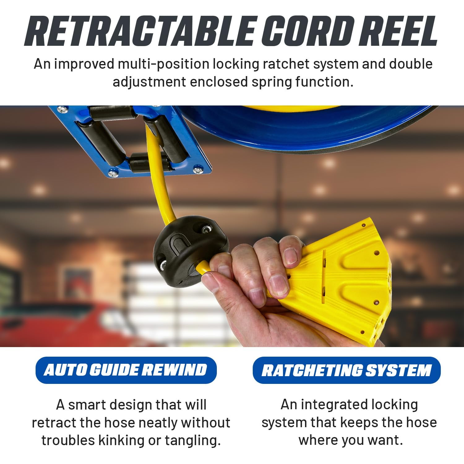 Goodyear Extension Cord Reel Retractable 12AWG x 80' Feet 3C SJTOW Cable Triple Tap Connector Power Rating 125 Volt AC 13 Amp 1625 Watt Industrial Steel Single Arm