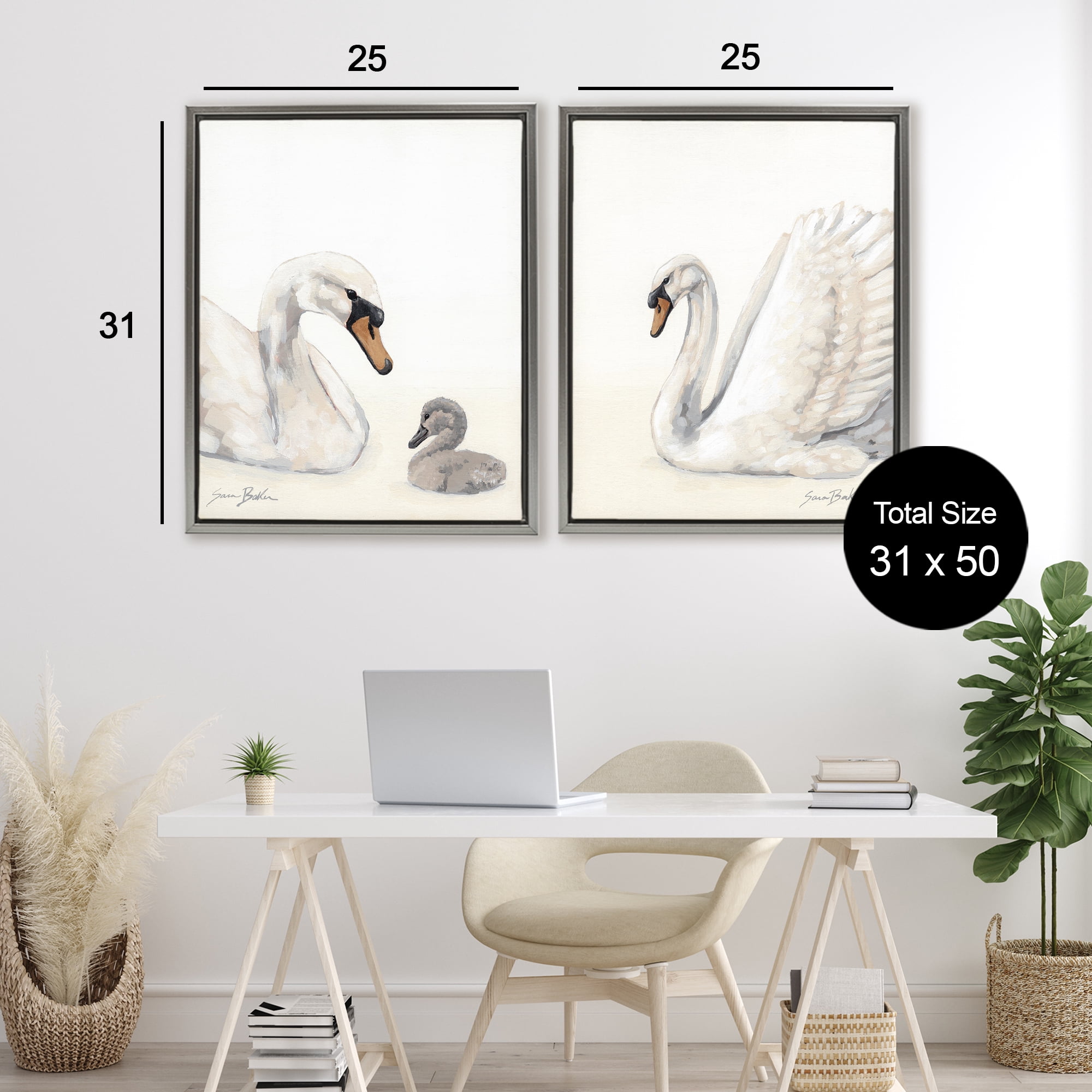 Stupell Industries Graceful Swan & Cygnet 2 Piece Gray Framed Floater Canvas Set, design by Sara Baker