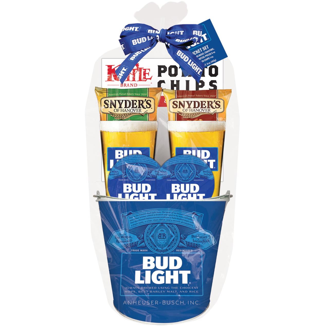 Bud Light Gift Bucket with Two Pint Glasses, Two Coasters, and Snacks