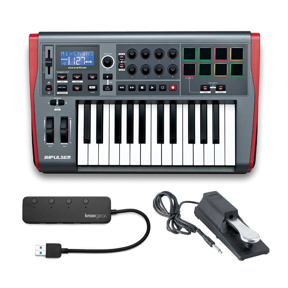 Novation Impulse 25 Controller Keyboard with Sustain Pedal and Knox USB