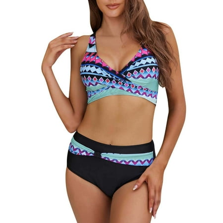 High Waisted Bikini Sets For Women Two Piece Swimsuits Wrap Front Bikini High Waisted Bottom Tummy Bathing Suits Color Block Cheeky High Cut Bathing Suits Vintage Print Swimwear #07 Blue S