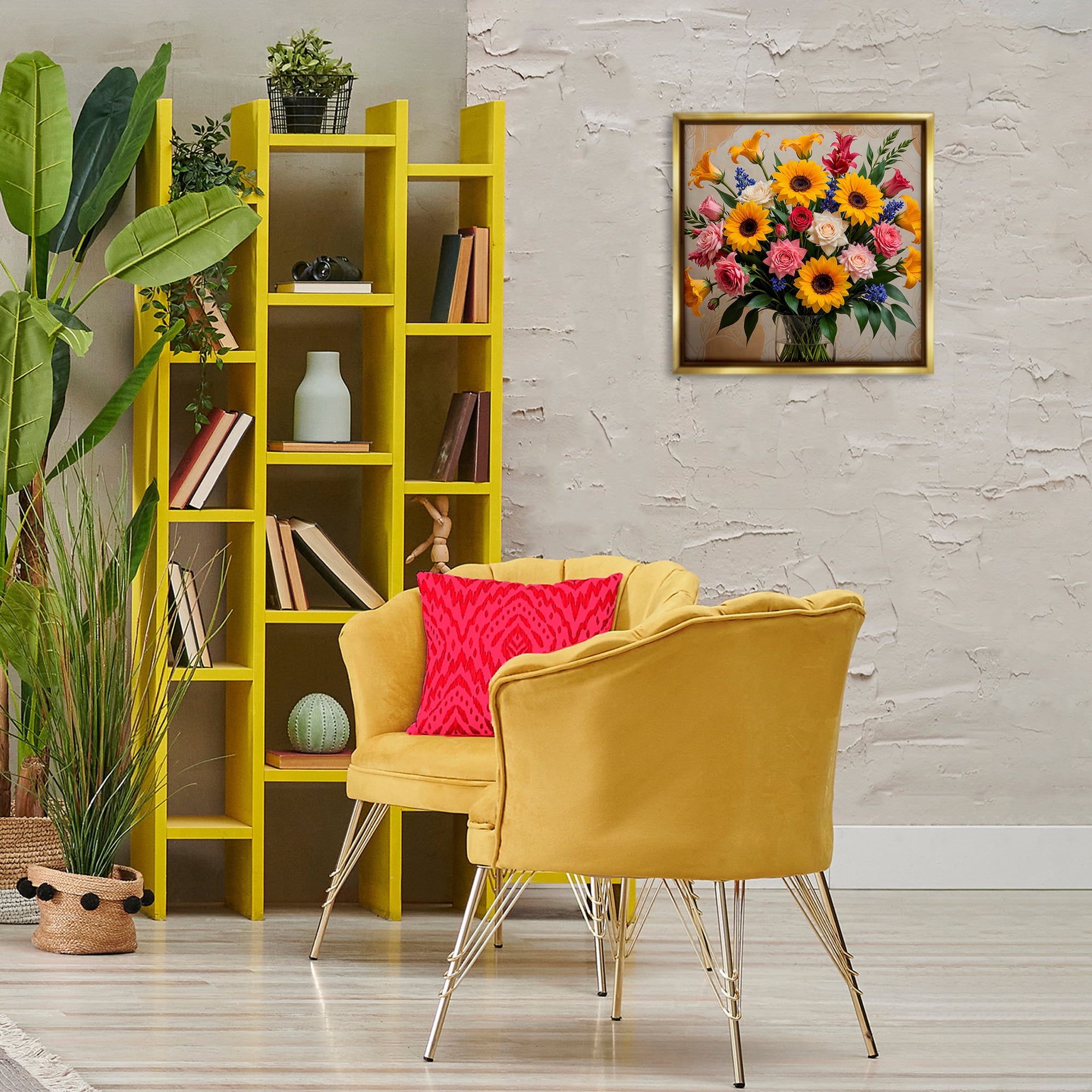 Stupell Industries Bold Sunflowers Mixed Bouquet Plants & Flowers Painting Gold Floater Framed Canvas Art Print Wall Art, 18 x 18