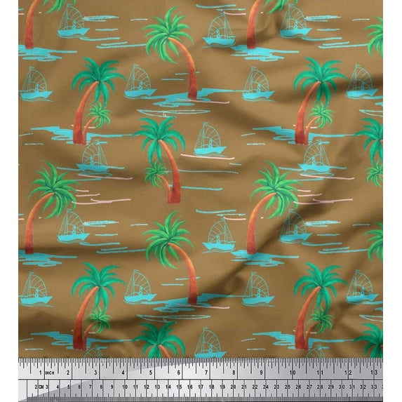 Soimoi Poly Georgette Fabric Palm Tree & Sailboat Beach Print Fabric by The Yard 42 Inch Wide