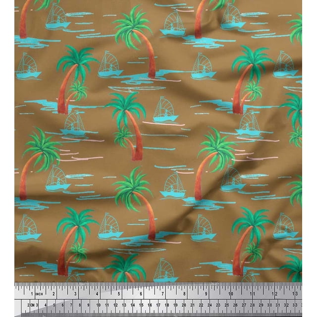 Soimoi Cotton Voile Fabric Palm Tree & Sailboat Beach Fabric Prints by Yard 56 Inch Wide