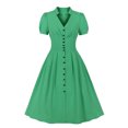 thumbnail image 2 of QLEICOM 1950's Dresses for Women Vintage, Short Sleeve V-Neck Lapel Dress, Solid Formal Stretch Slim Button High Waist Swing Dress, Audrey Hepburn Style Party Dresses Green XXL, 2 of 4