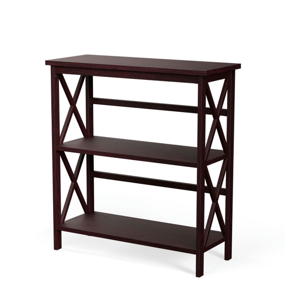 Demi Bonn 3-Tier Wooden Bookshelf, Multi-Functional X-Design Etagere Storage Bookcase, Dark Brown