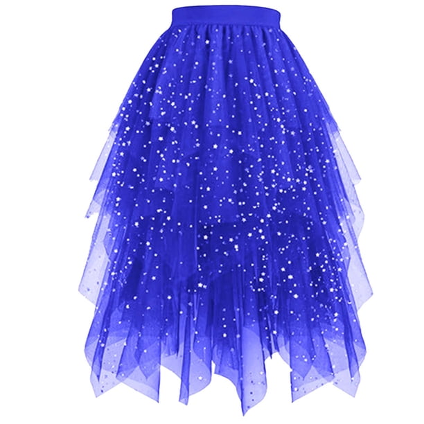 Faldas Largas para las Mujeres de Verano Estrella Primavera Y Verano Falda de Pastel en Capas con Detalle de Lentejuelas de Malla, Falda Larga Irregular de Media Longitud para Diario Informal