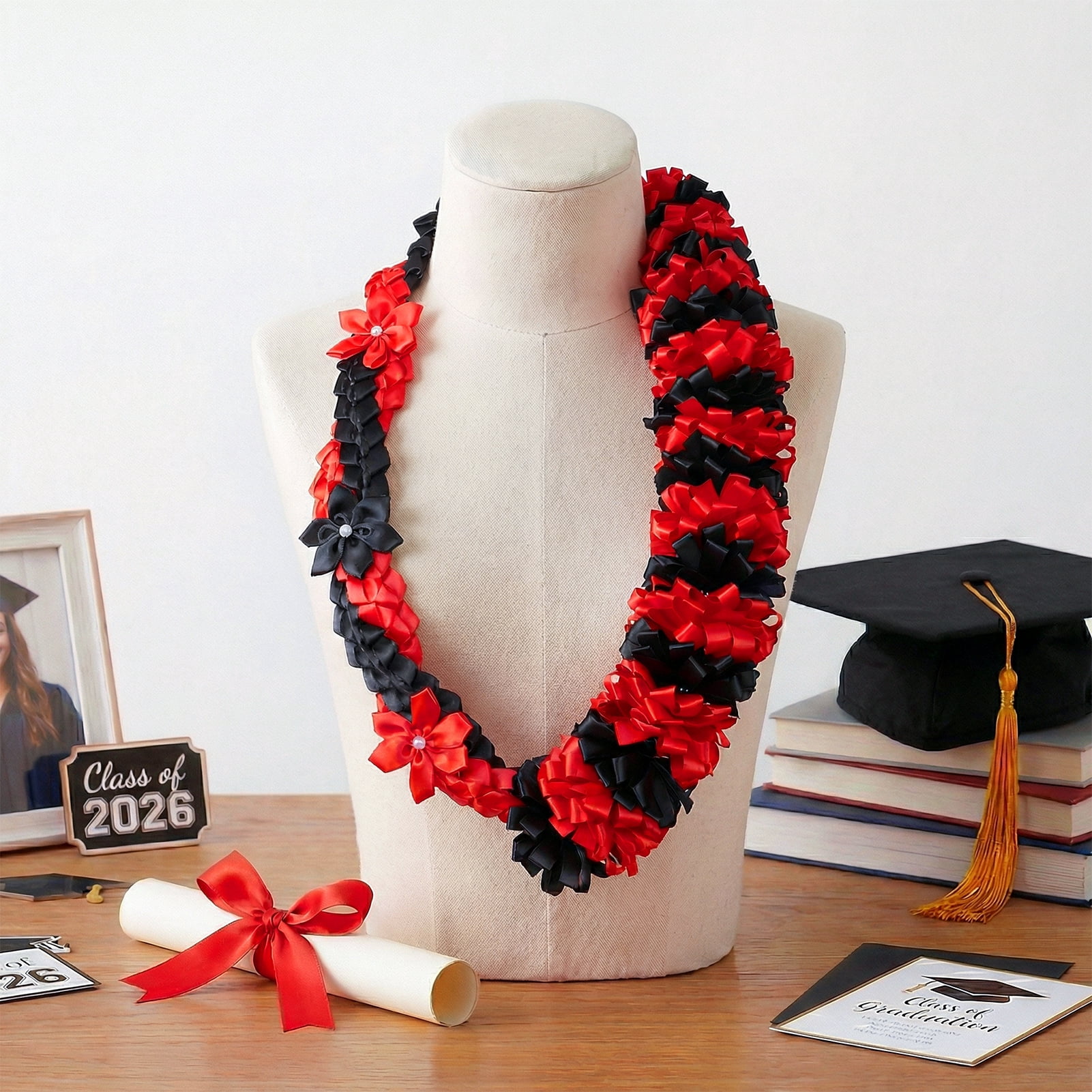 Kicpot Graduation Leis Class of 2026 Grad Ribbon Leis Double Braided Necklace Hawaiian Flower Garland with Metal Graduation Cap Hanging Keepsake Ornament for Him Her Graduation Party Decorations