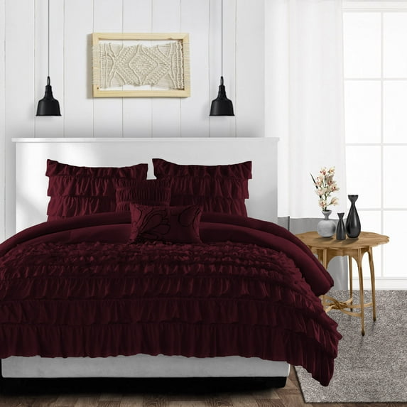Duvet Cover 3 Piece Egyptian Cotton Cozy & Super Soft 600 TC Multi Ruffle Duvet Covers with Zipper Closure & Corner Ties Soft Comforter Cover (Super King Plus Plus, Wine )