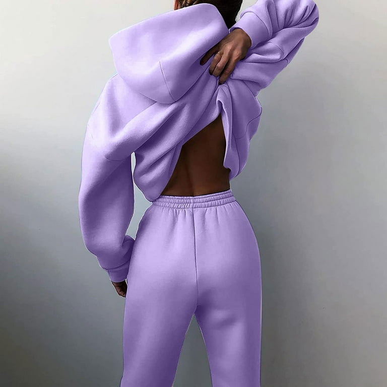 Fashion (PURPLE)2021 Sport Wear Hoodies Women Streetwear Two Piece