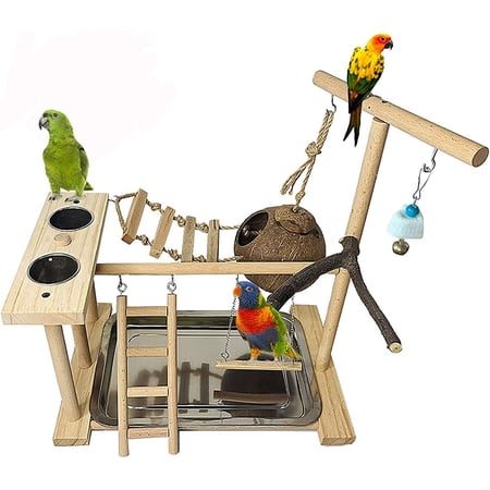 Parrots Playground Bird Play Stand Natural Wood Parrot Perch Gym Playpen Parakeet Nest with Feeder Cups Ladders Lovebirds Cage Accessories Toy Exercise Activity Center for Conure Cockatiel Lovebirds