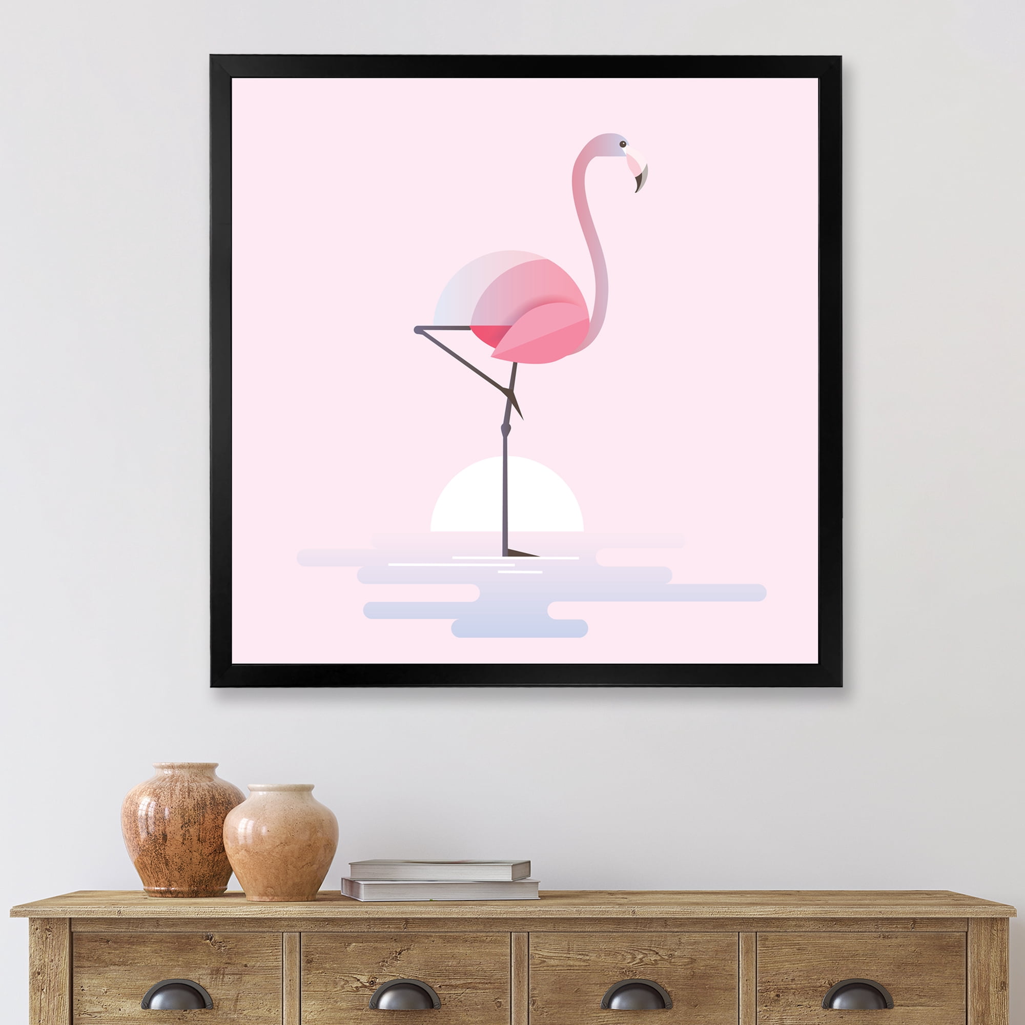 Designart 'Standing On One Toes Pink Flamingo' Farmhouse Framed Art Print