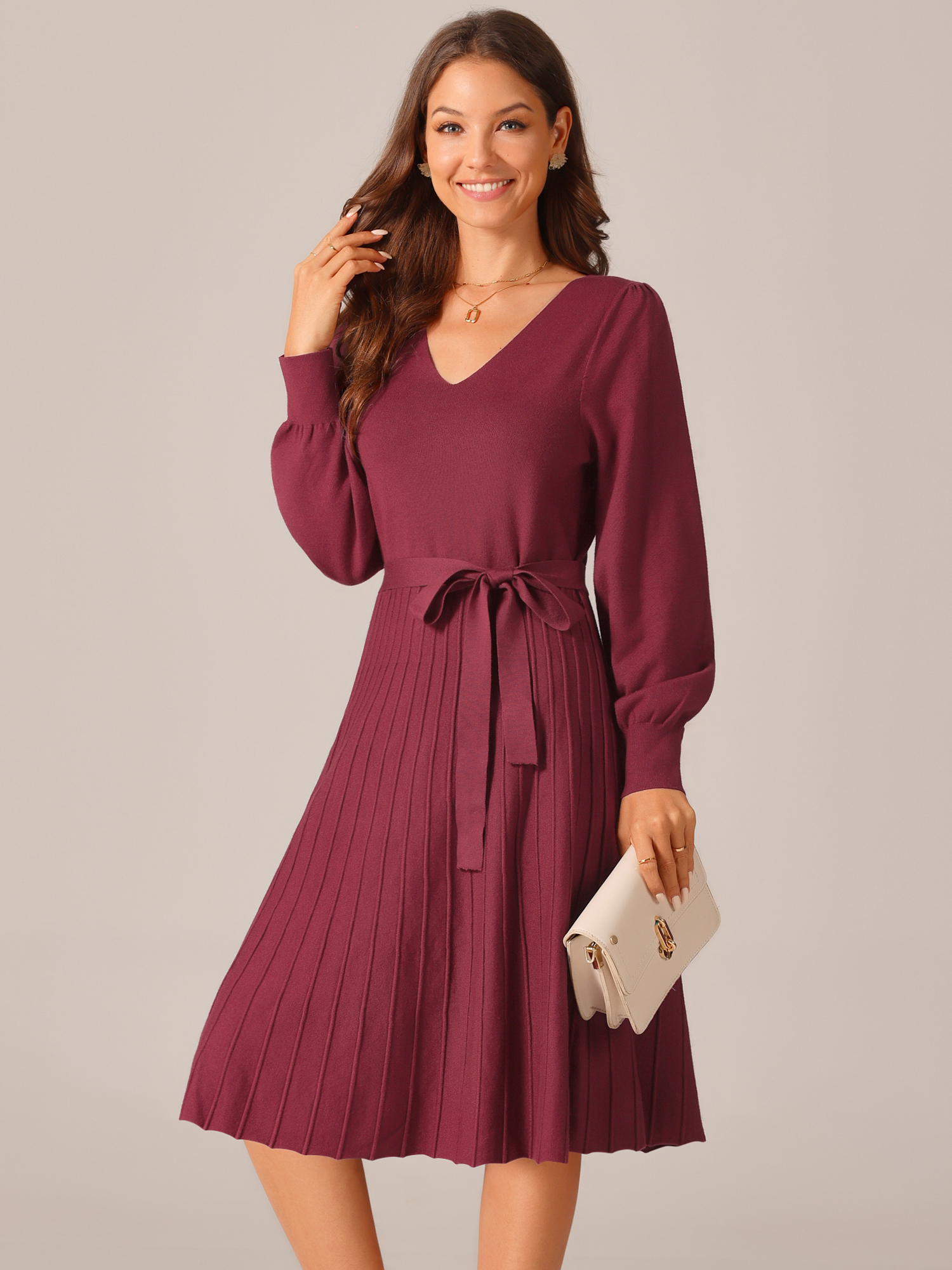 DARING DIVA V Neck Long Sleeve Tie Waist Pleated A-Line Midi Dress XL Wine Red