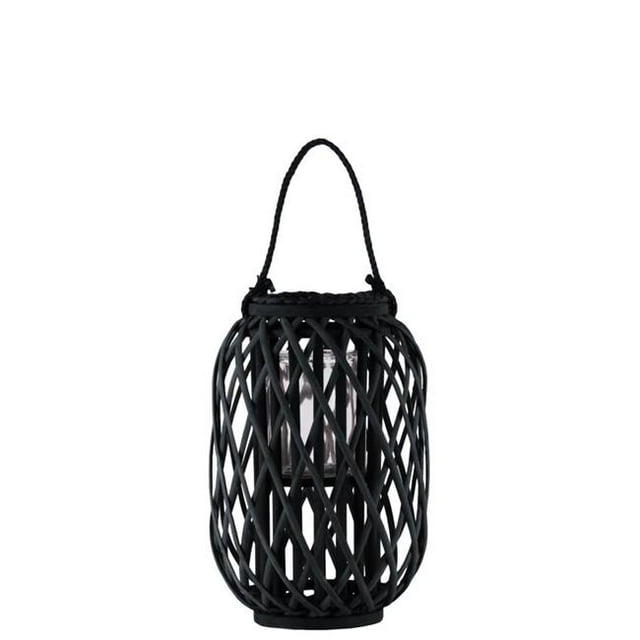 Urban Trends Collection 55038 15.75 in. Bamboo Round Lantern with Braided Rope Lip - Handle, Coated & Black