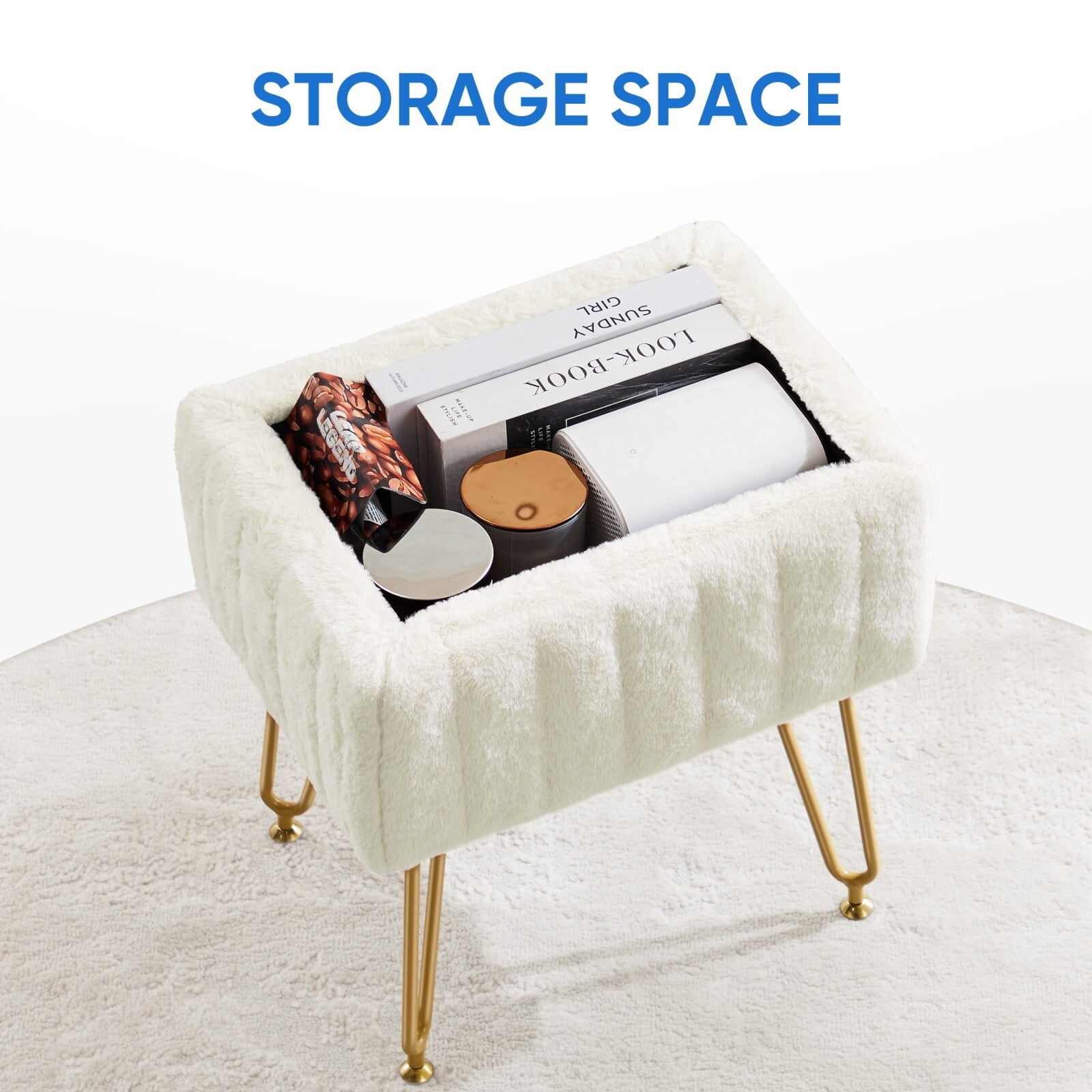 Kelno 18.9" Faux Fur Vanity Stool with Hidden Storage Soft Padded Ottoman Footrest with Metal Legs Antislip Adjustable Feet, White