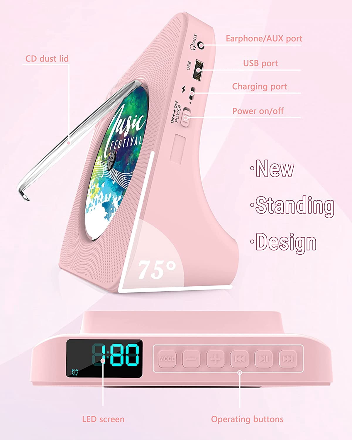 CD Player Portable Bluetooth Desktop 4000mAh Rechargeable CD Player with Remote Control for Home CD Player with Timer HiFi Speakers Dust Cover LCD Screen Display FM Radio-Pink