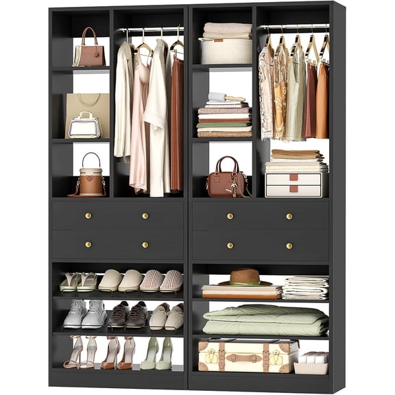 Closet System, 55.5"/4.6 FT Closet Organizer System with Drawers and Shelves, Walk-in Closets Systems for Small Closets, Free Standing Reach in Closet Tower, Load 1200 LBS, Black 2 Pack