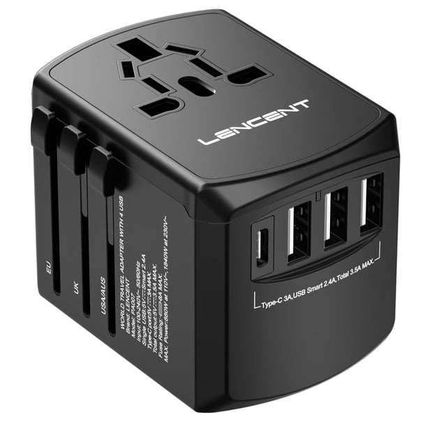 Adaptador Universal de Viaje LENCENT Negro con 4 Puertos USB para el Reino Unido y Europa