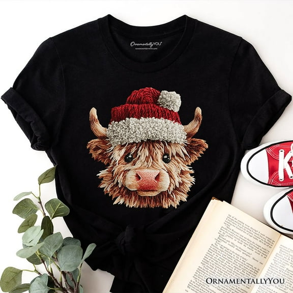 Highland Cow Santa Hat Christmas T-Shirt, Imitation Latch Hook Yarn Cozy Tee