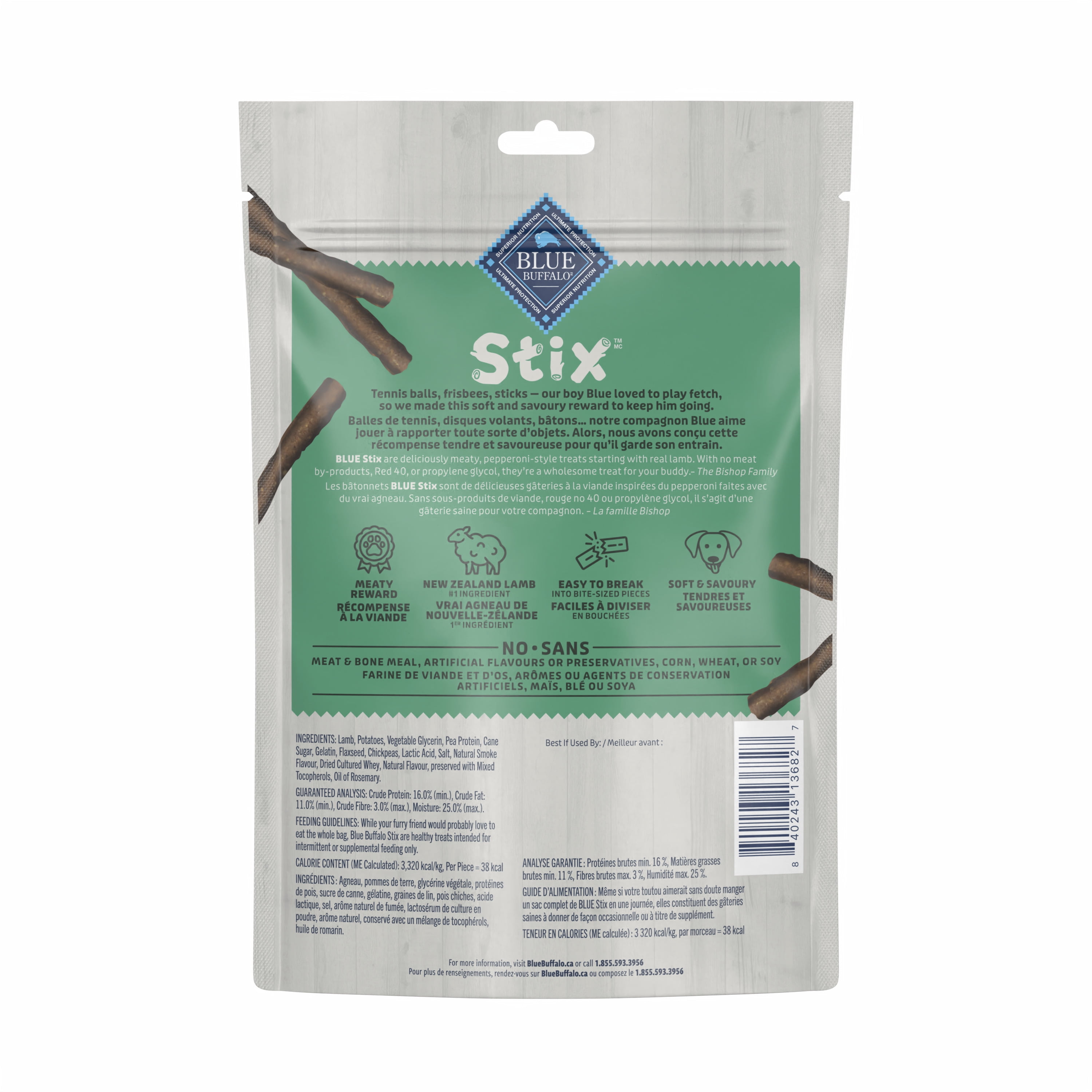 Gâteries molles et moelleuses naturelles pour chiens Stix de Blue Buffalo, recette à l'agneau, sac de 170 g (6 oz) 170g