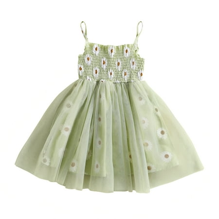 

Toddler Girl Summer Dress Sleeveless Spaghetti Strap Daisy Print Smocked Tulle Dress Kid Outfit 3-8 Years