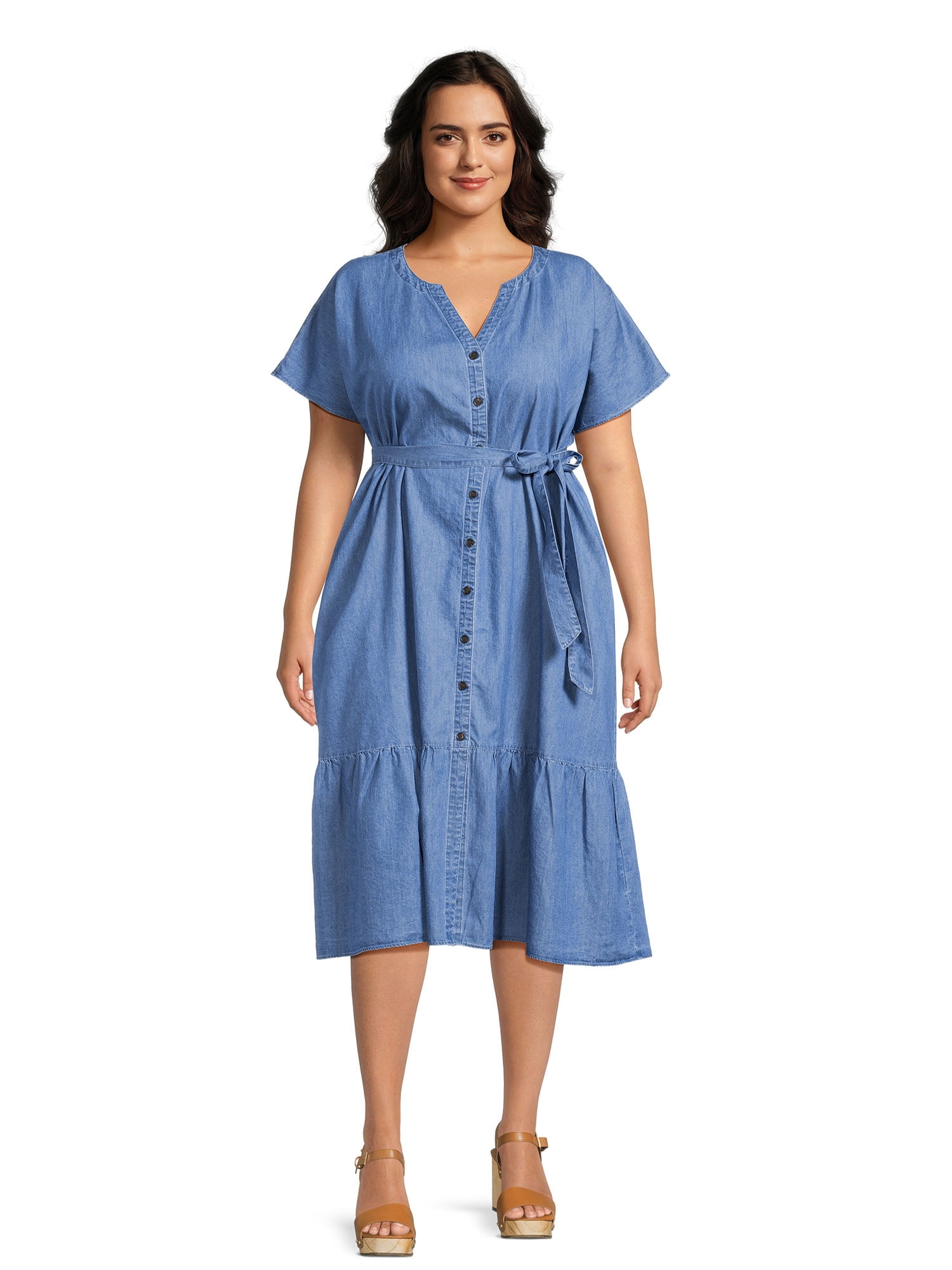 Terra & Sky Women's Plus Size Midi Shirt Dress with Ruffle Hem ...