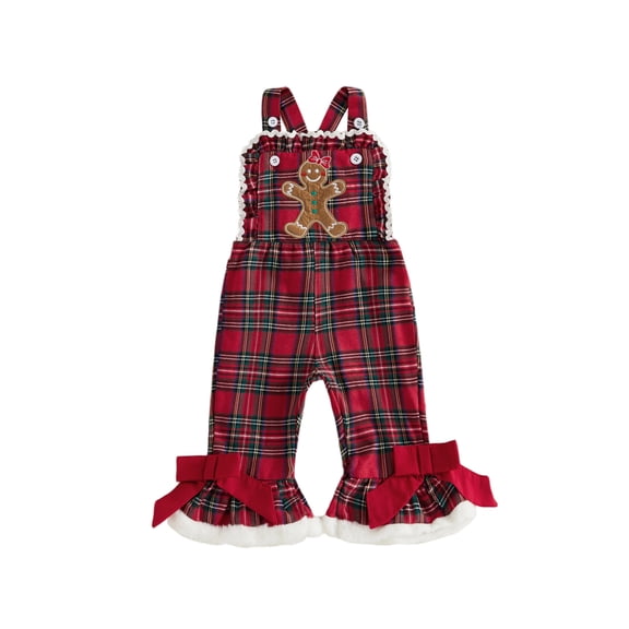 Cjfdfy Toddler Baby Girl Christmas Overalls Outfit Plaid Bow Gingerbread Man Flare Pants With Lace Trim Kids Cute My First Christmas Fall Winter Holiday Outfit 6M-4Y