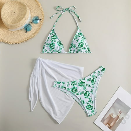 SnnmBlm Bikini Sets for Women 3 Piece Floral Print Halter Triangle Bathing Suit Swimsuit with Sarong Cover Up Green L