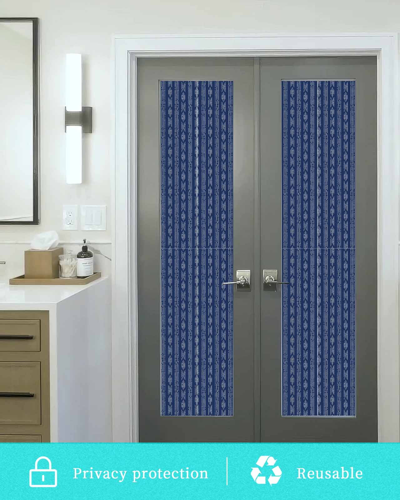 Window Privacy Film,Boho Navy Blue Stripes UV Sun Blocking Window Tint Film Heat Control One Way Blackout Window Film,Modern Bohemian Art Texture Non Adhesive Static Cling Window Sticker 29.5x118 In
