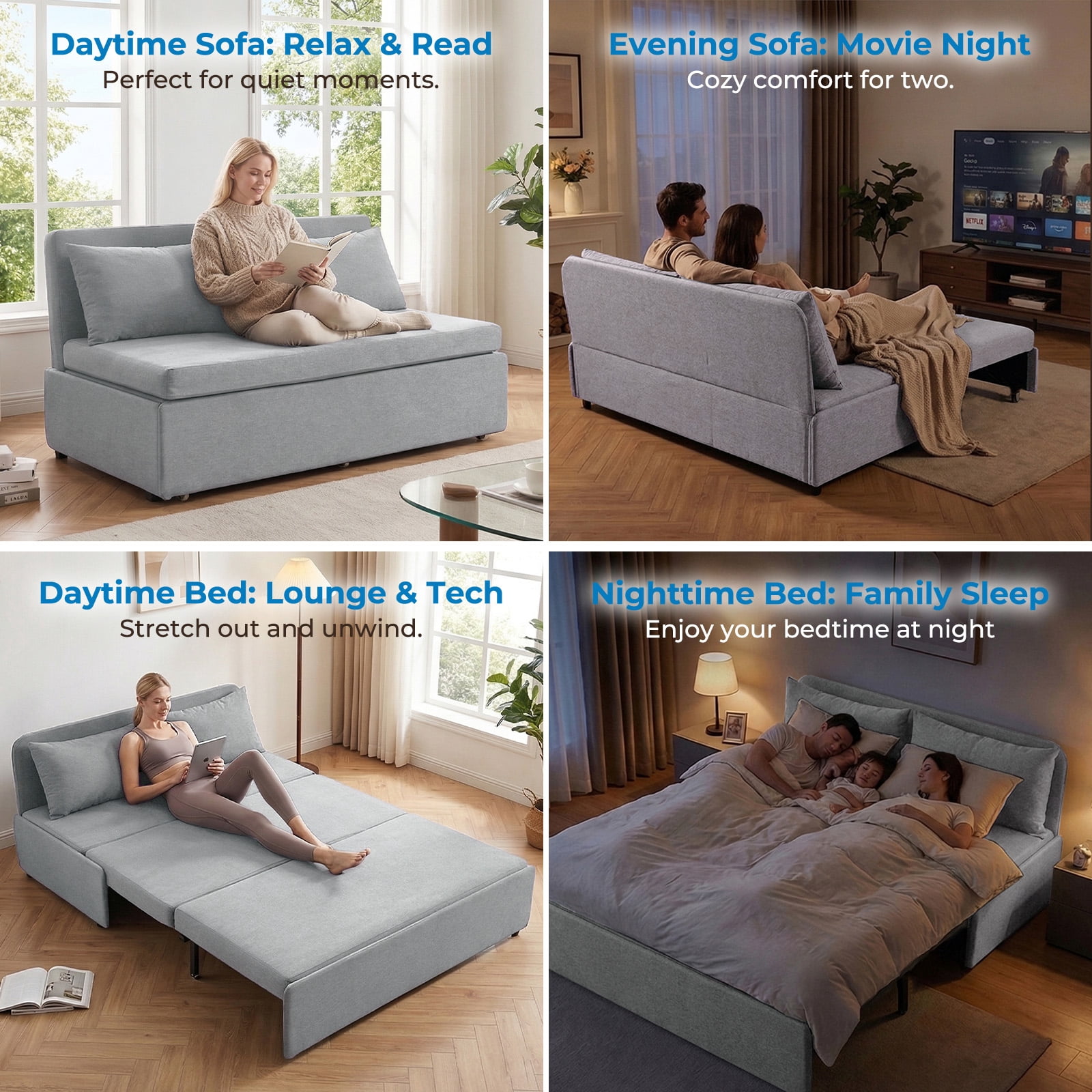 Mjkone Convertible Sofa Bed Queen Size,Linen Pull Out Sofa Bed with Cushions&Throw Pillows,Revesible Sleeper Couch for Apartment/Small Spaces,Light Gray
