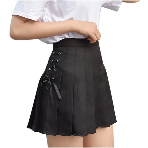 Prolriy Pleated Skirts for Women Fashion Women Solid Pleated A-Line Skirt Burnout High Waist Short Skirt Women's Skirts Black L