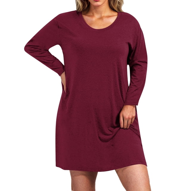 Timegard Vêtements de Nuit pour Femmes Grande Taille Col Rond Manches Longues Tenue d'Intérieur Confortable Pyjama Décontracté Robe de Maison
