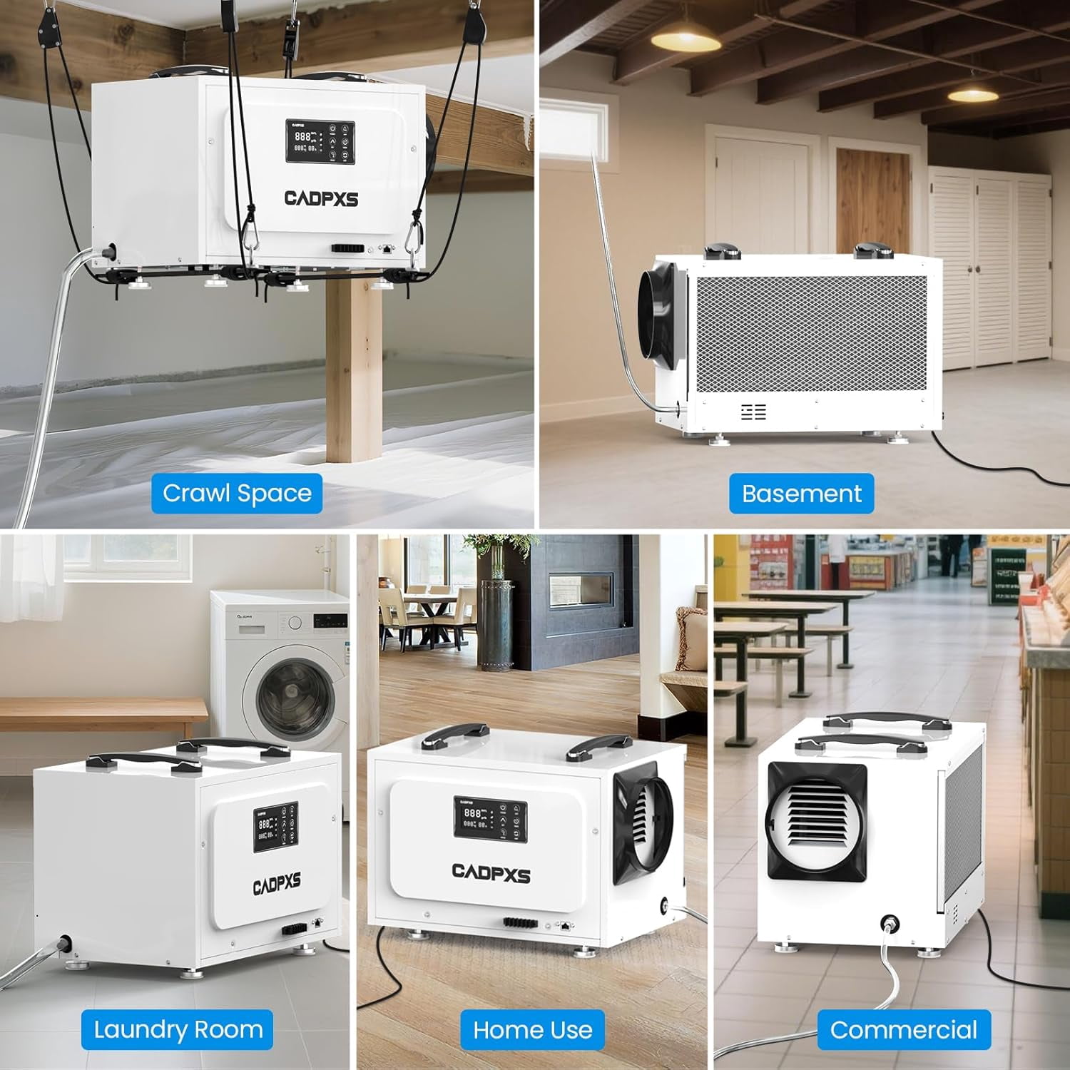 CADPXS Crawl Space Dehumidifier with Pump, 125 Pints Commercial Dehumidifiers with Drain Hose, Dehumidifier for Crawlspace, Basements & Water Damage Use, Auto Defrost, Memory Restart, cETL Listed