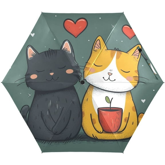 JSTEL Cute Cat Kitten Valentine Folding Umbrella for Rain Sun Travel Mini Lightweight Compact Umbrellas
