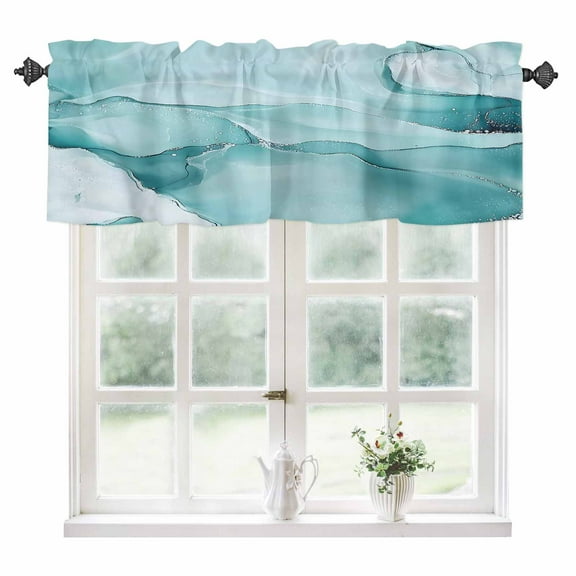 Teal Blue Marble Kitchen Valances for Windows 42x12 Inch Kitchen Curtains Valances Rod Pocket Marble Crack Lines Modern Art Bathroom Window Valances for Window Treatment Decor
