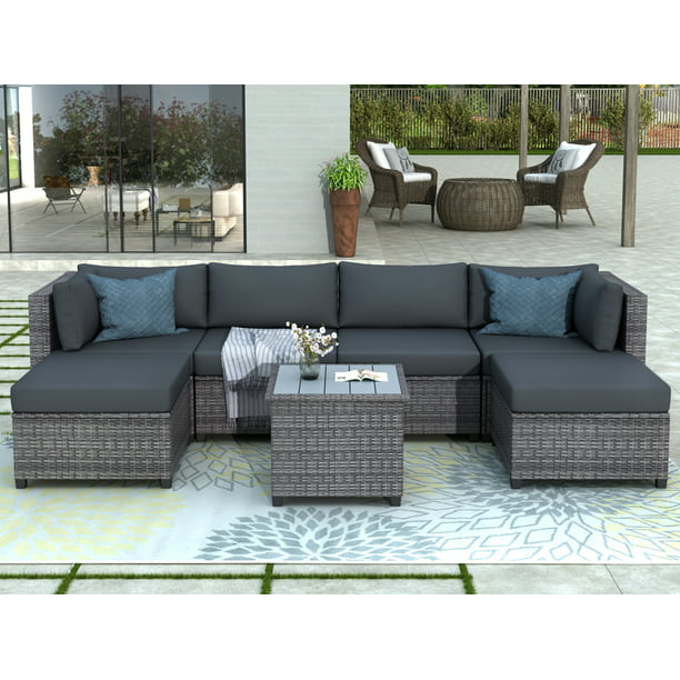 7 Piece Rattan Sectional Sofa Set, All Weather Wicker Sectional Sofa